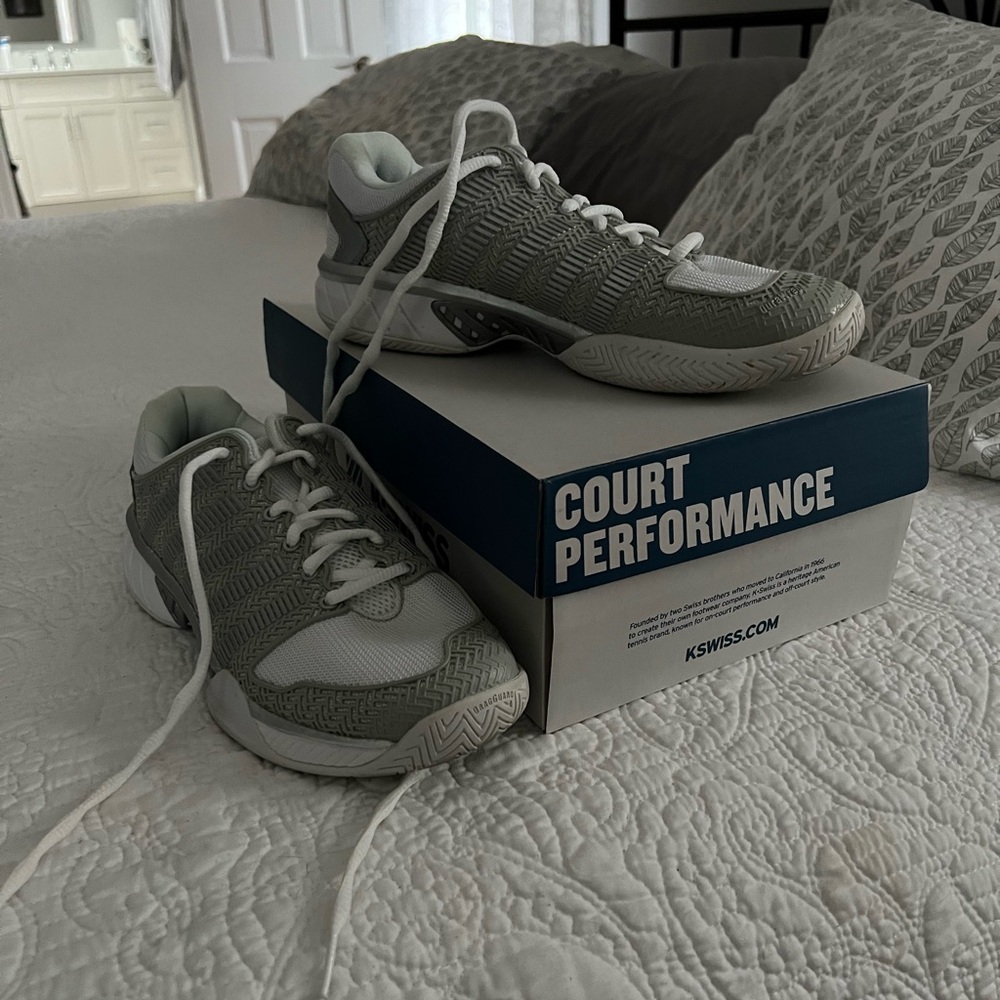 Light grey and white tennis sneakers with White Mesh Toes